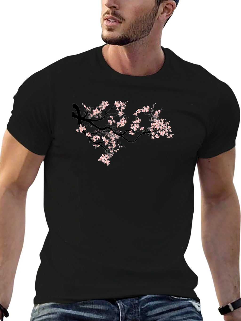Black Tee with Cherry Blossom Branch Design