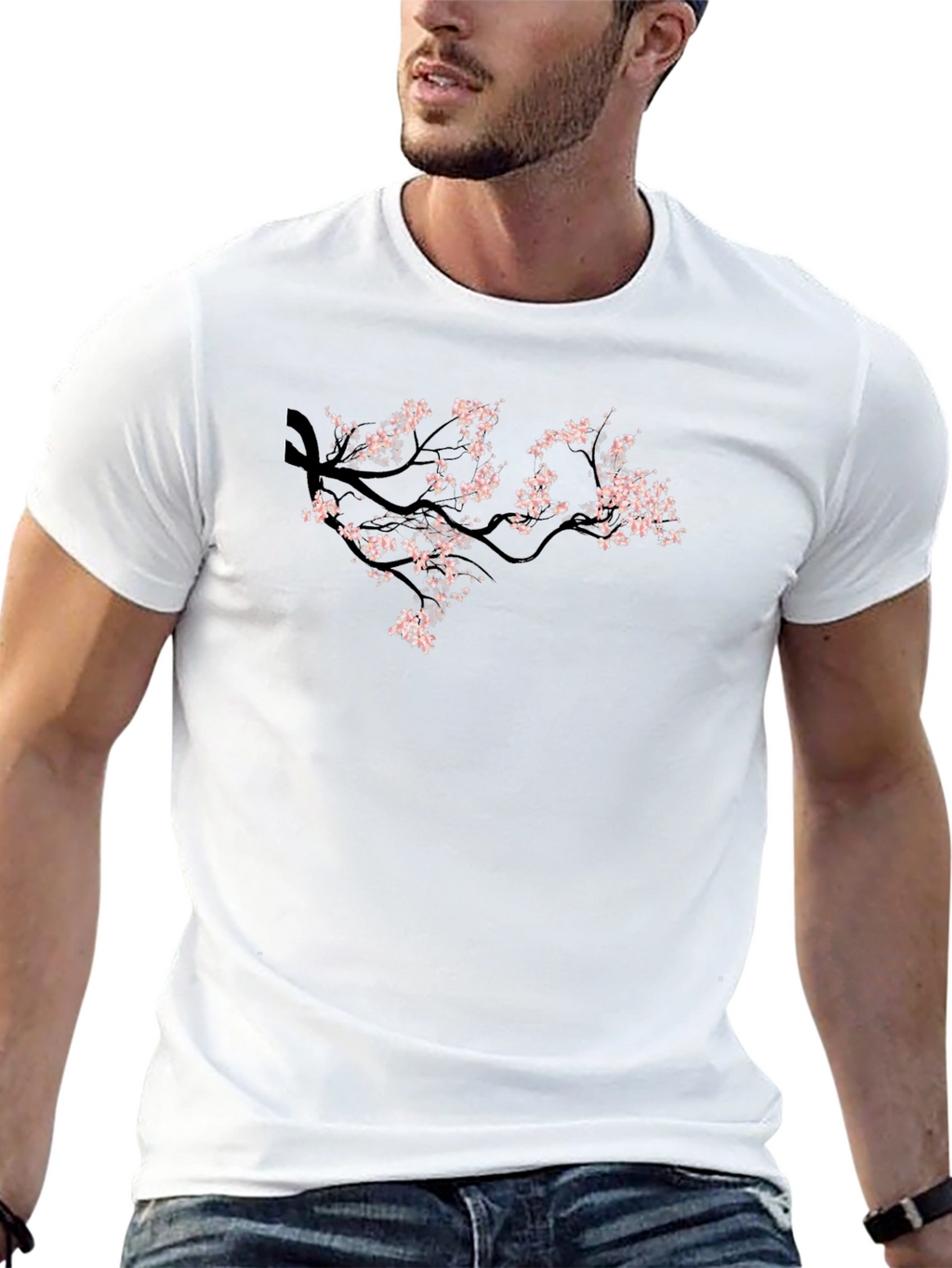 Black Tee with Cherry Blossom Branch Design
