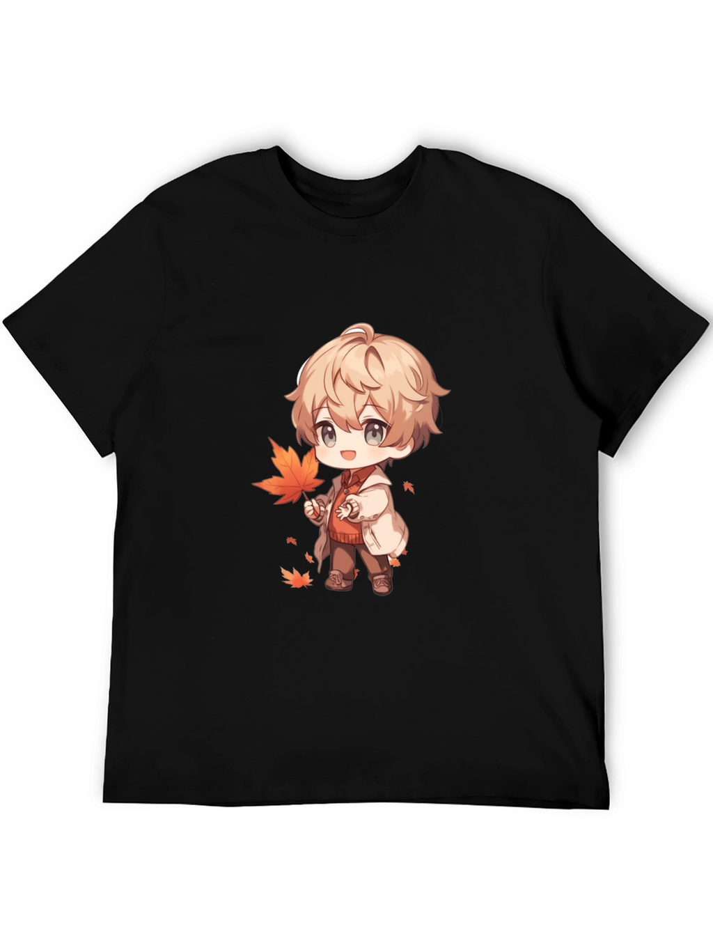 Anime Boy with Autumn Leaves Black T-Shirt