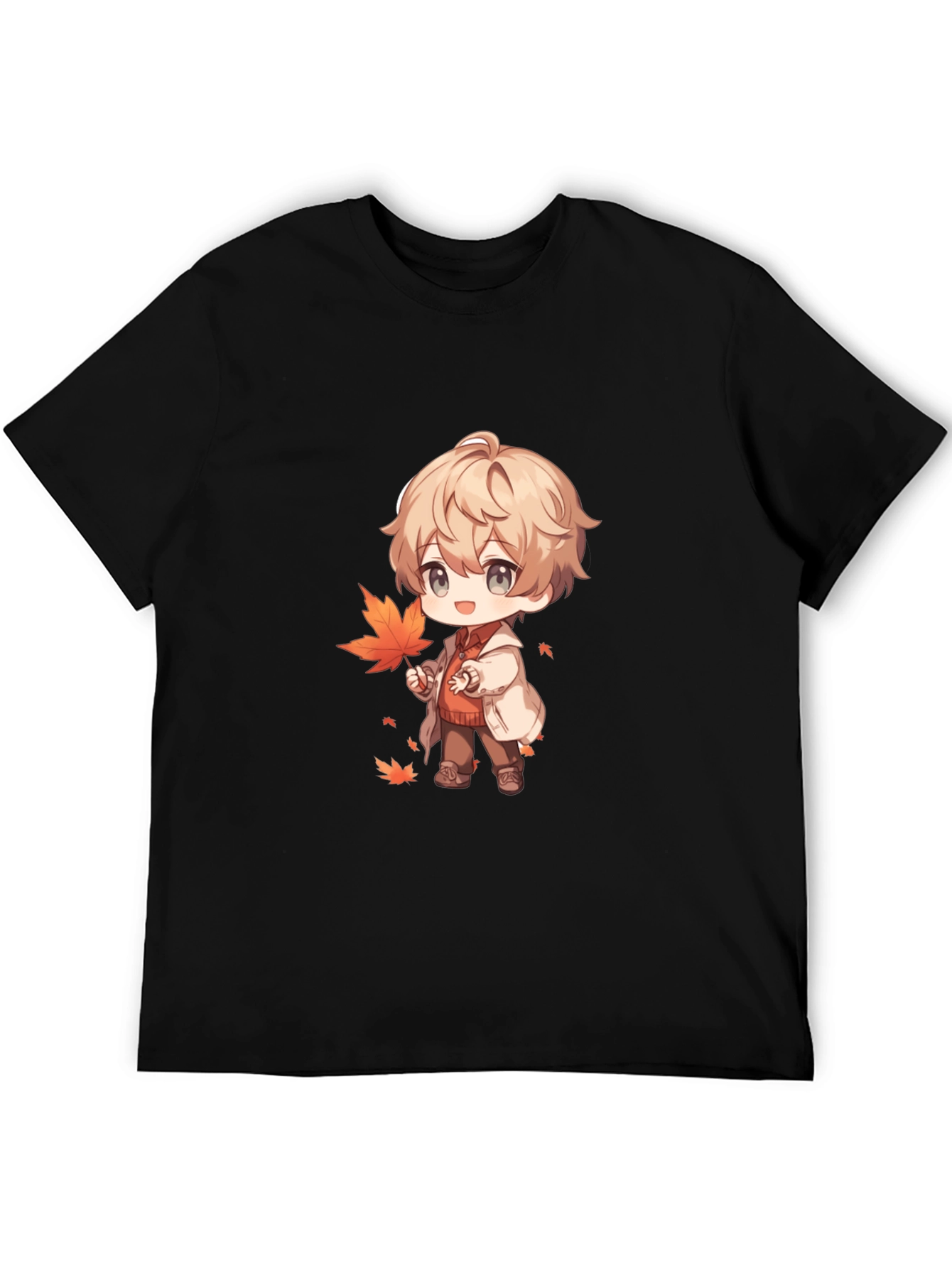 Anime Boy with Autumn Leaves Black T-Shirt
