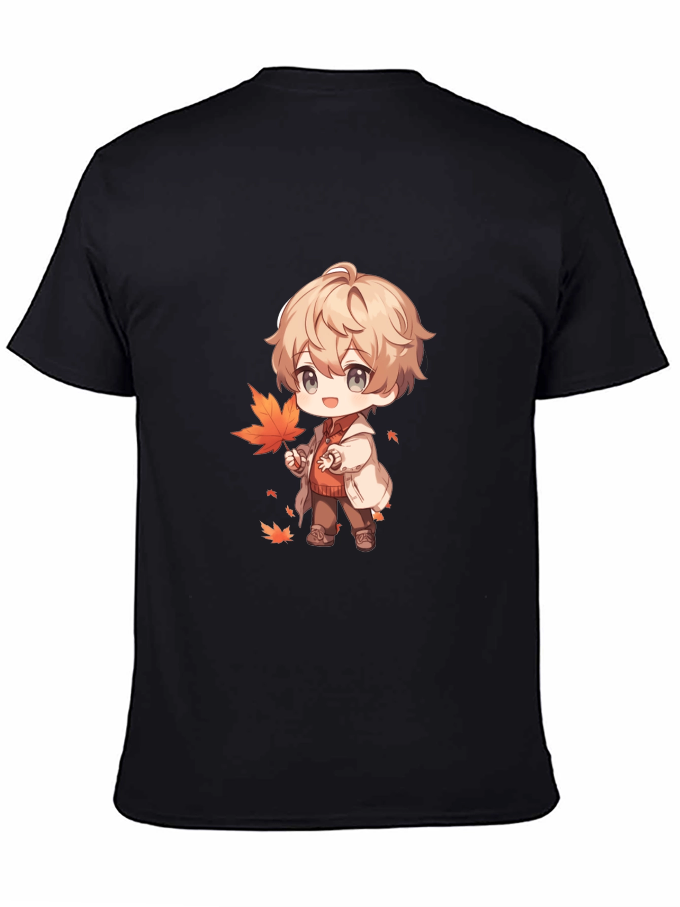 Anime Boy with Autumn Leaves Black T-Shirt