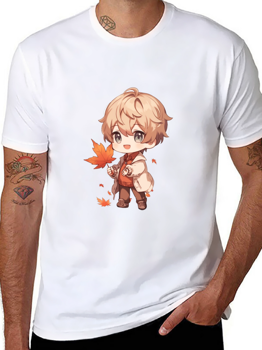 Anime Boy with Autumn Leaves Black T-Shirt