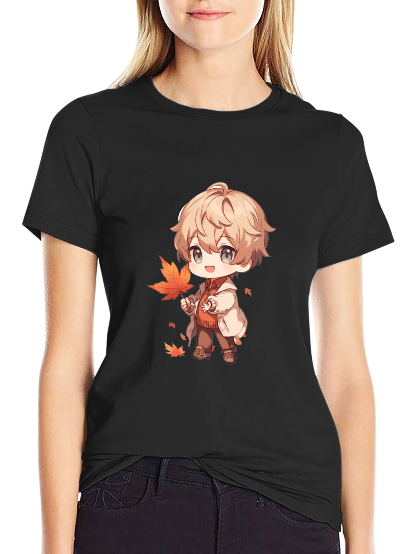 Anime Boy with Autumn Leaves Black T-Shirt