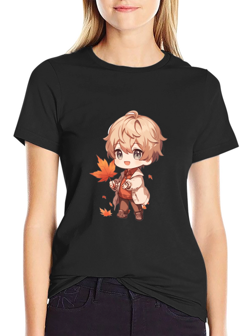 Anime Boy with Autumn Leaves Black T-Shirt