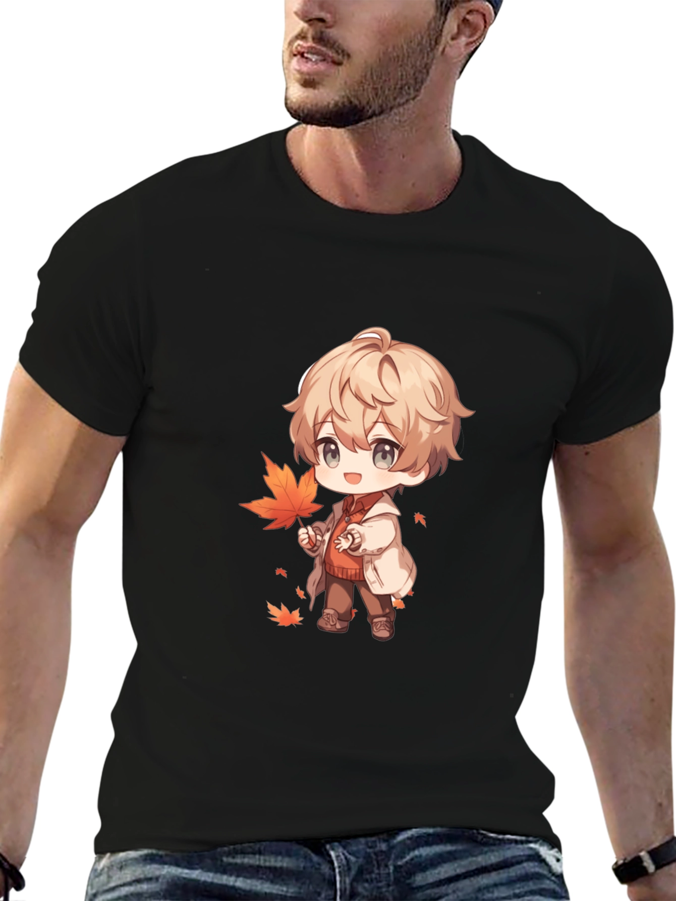 Anime Boy with Autumn Leaves Black T-Shirt