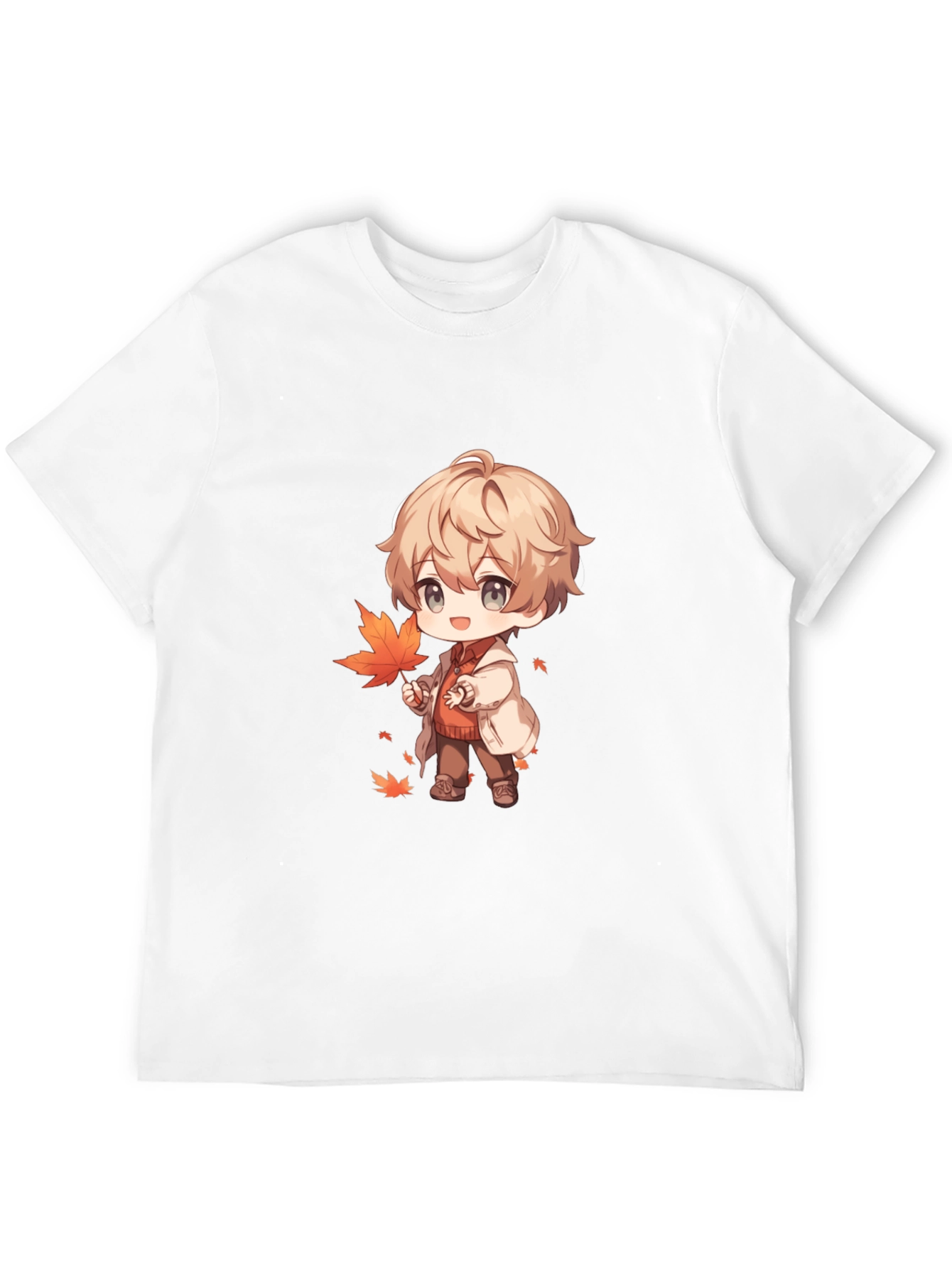 Anime Boy with Autumn Leaves Black T-Shirt