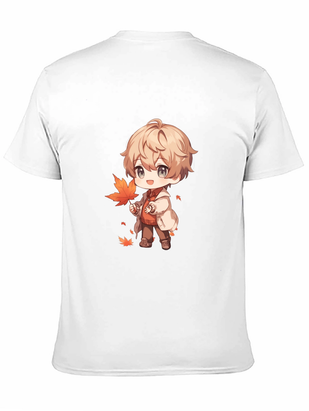 Anime Boy with Autumn Leaves Black T-Shirt