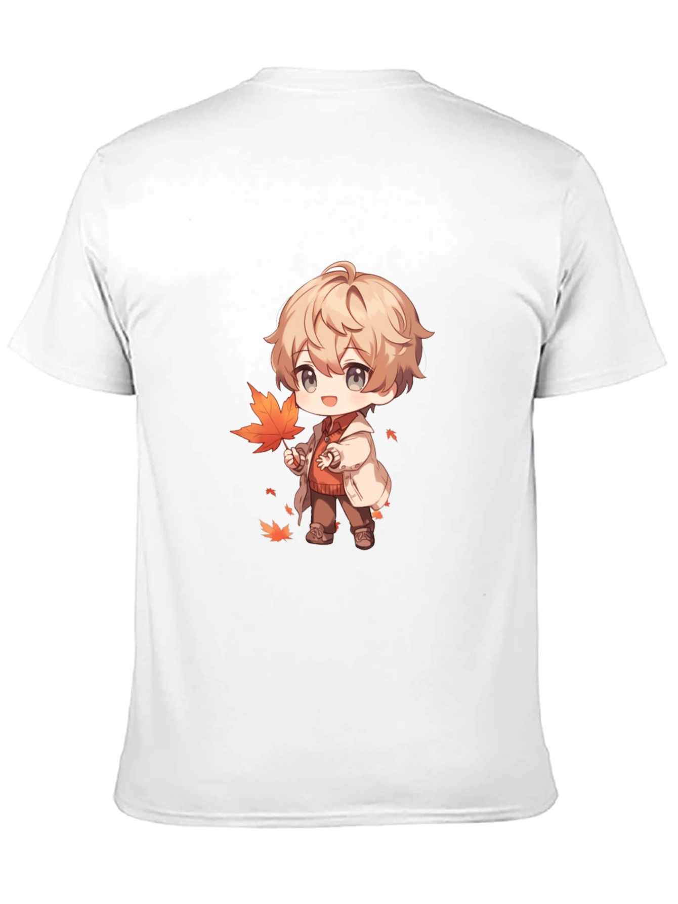 Anime Boy with Autumn Leaves Black T-Shirt