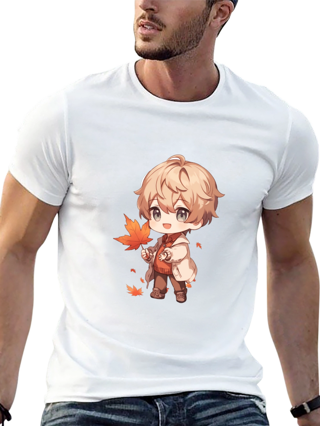 Anime Boy with Autumn Leaves Black T-Shirt