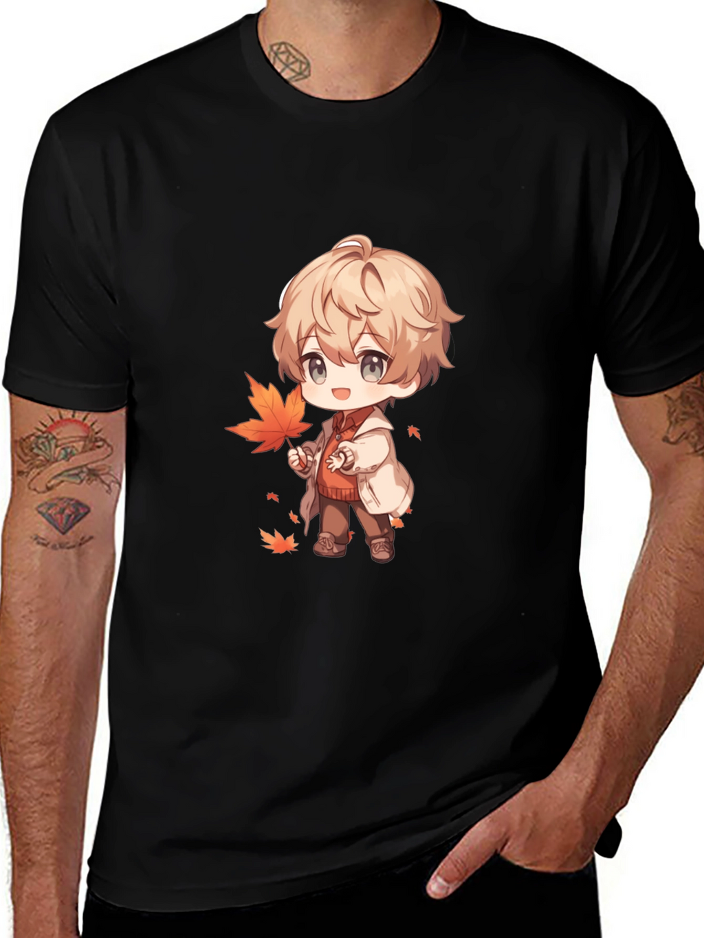 Anime Boy with Autumn Leaves Black T-Shirt
