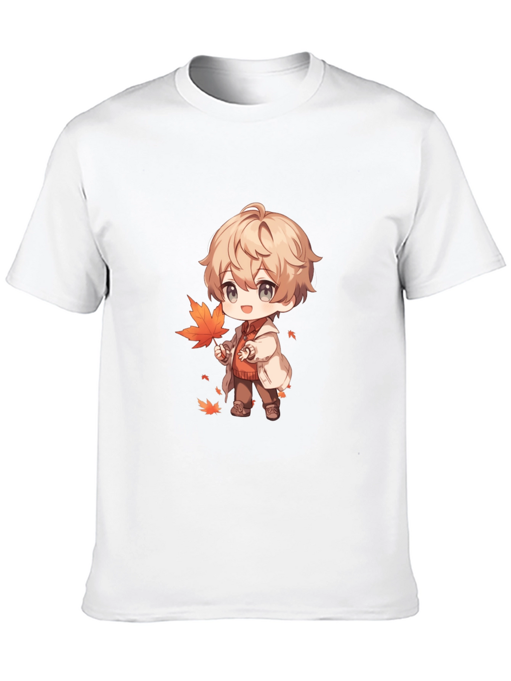 Anime Boy with Autumn Leaves Black T-Shirt