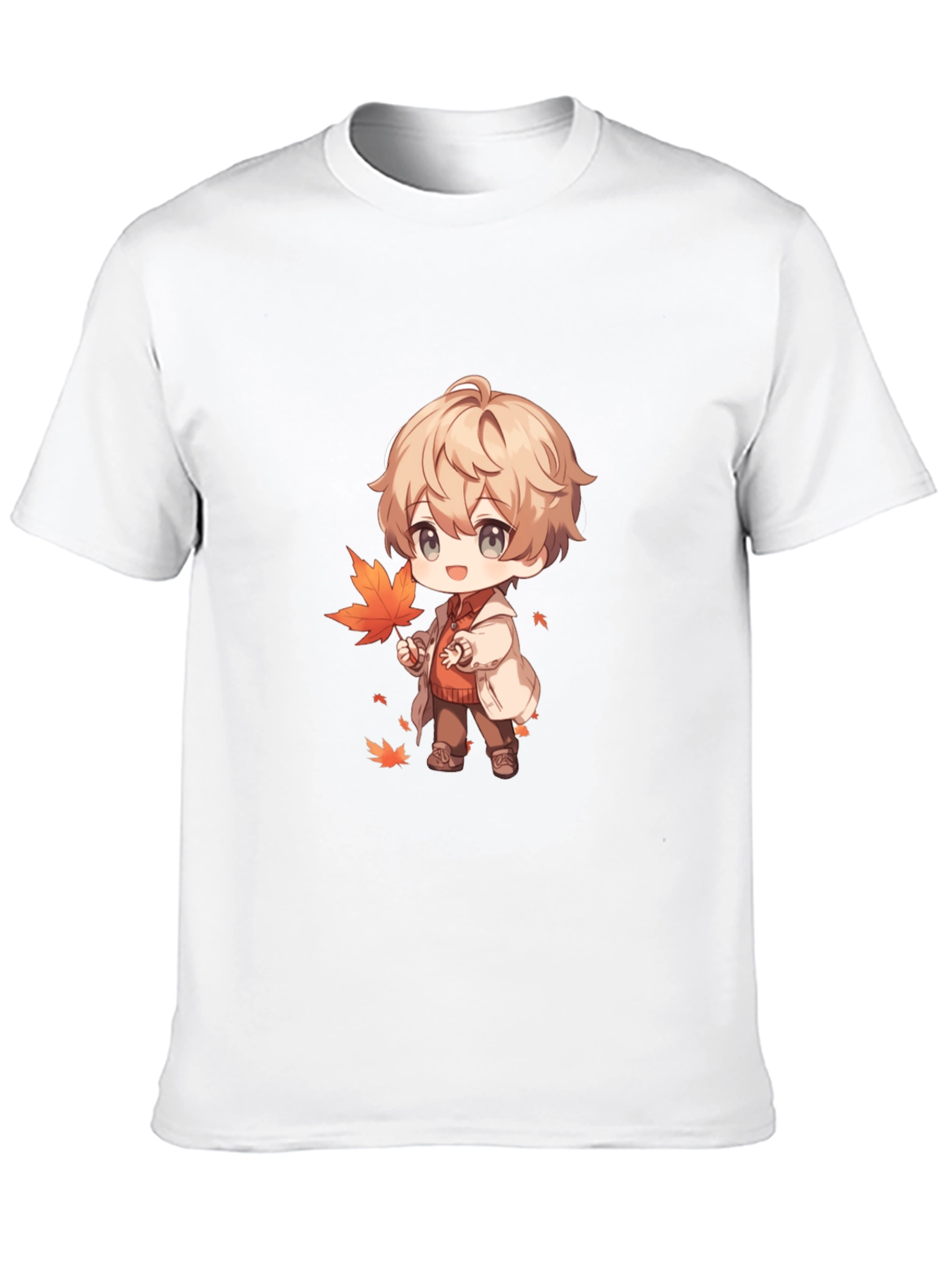 Anime Boy with Autumn Leaves Black T-Shirt