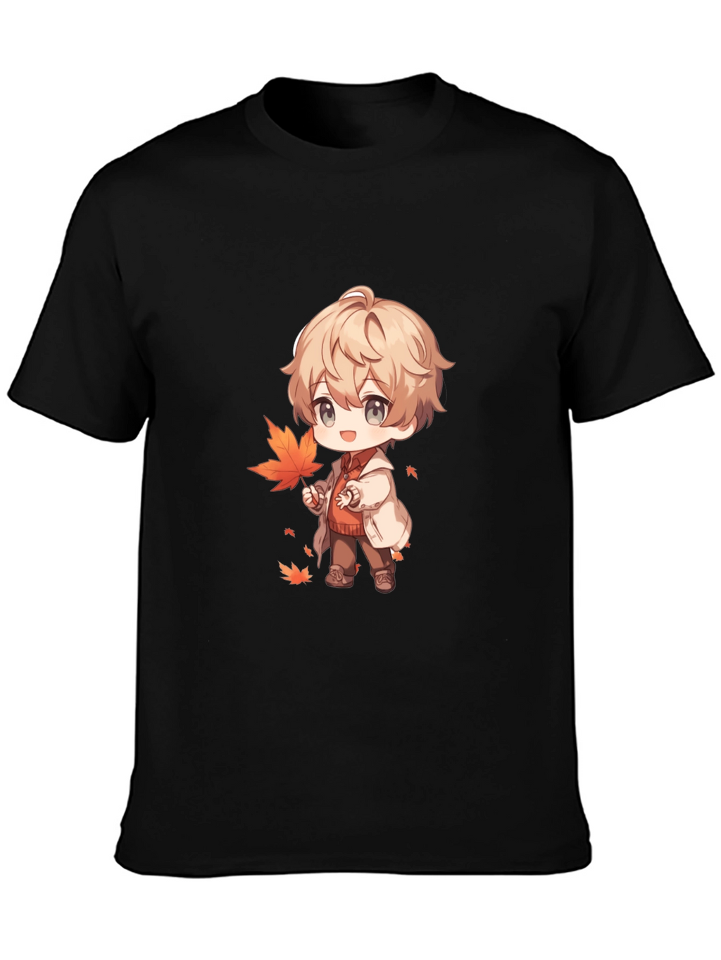 Anime Boy with Autumn Leaves Black T-Shirt