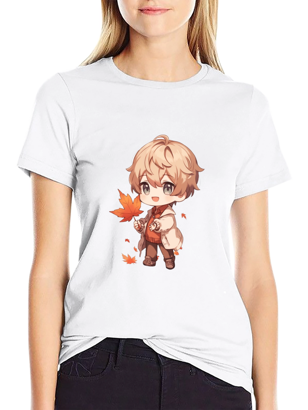 Anime Boy with Autumn Leaves Black T-Shirt