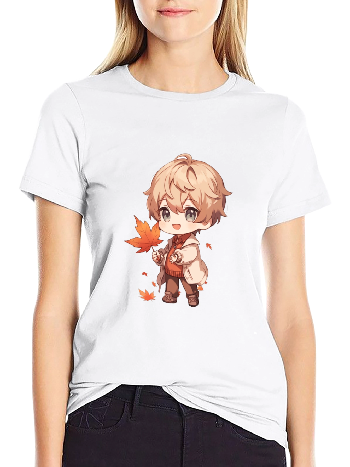 Anime Boy with Autumn Leaves Black T-Shirt