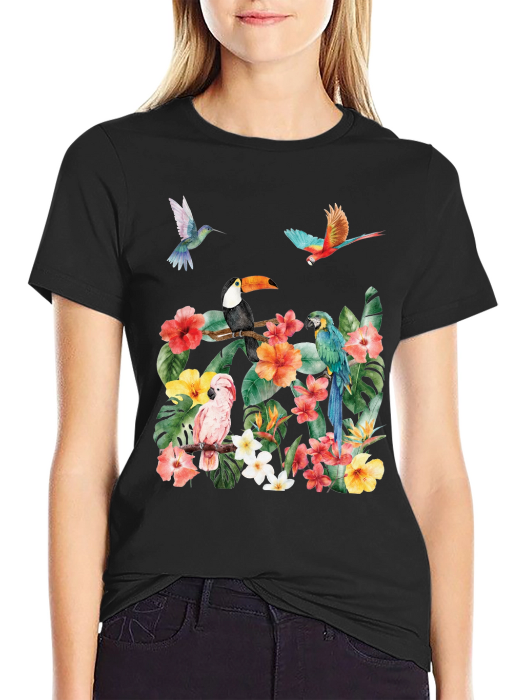 Tropical Bird & Floral Print T-Shirt