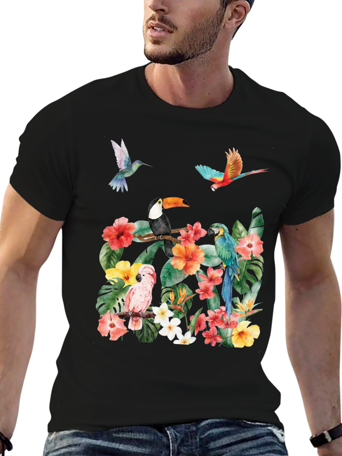 Tropical Bird & Floral Print T-Shirt