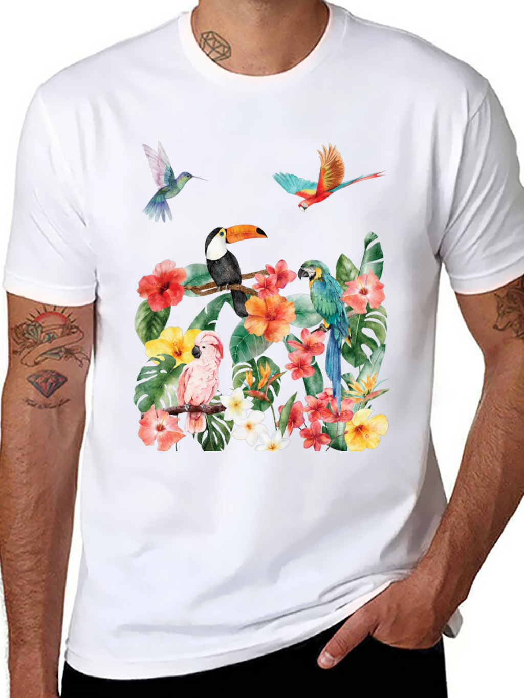 Tropical Bird & Floral Print T-Shirt