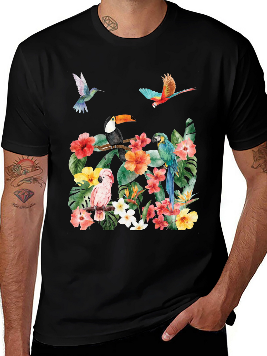 Tropical Bird & Floral Print T-Shirt