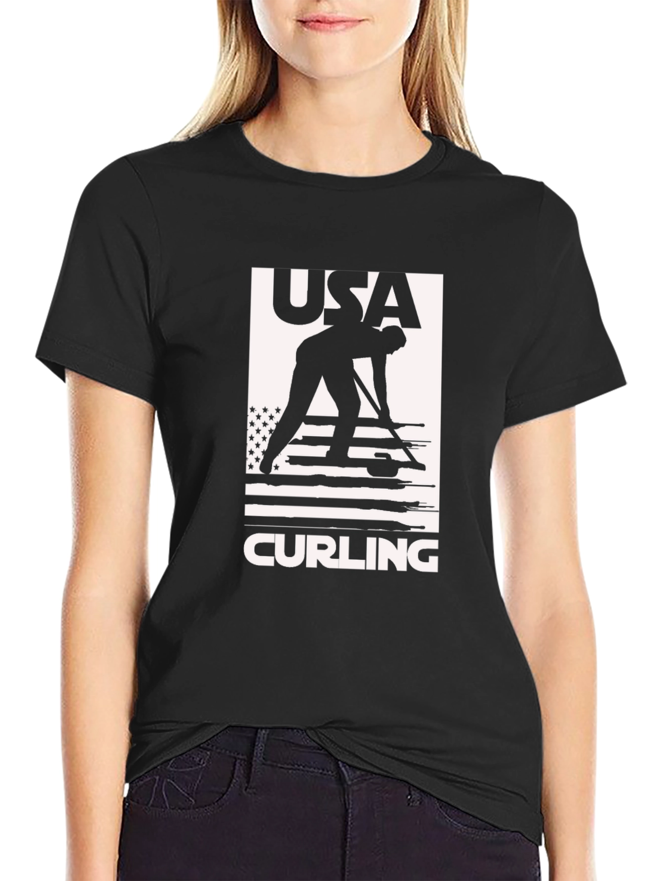 USA Curling Graphic Tee - Black