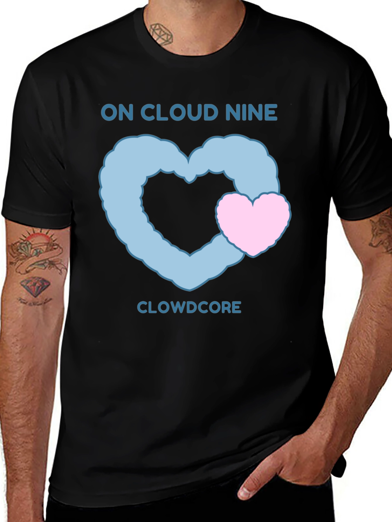 On Cloud Nine Black T-Shirt with Heart Graphic
