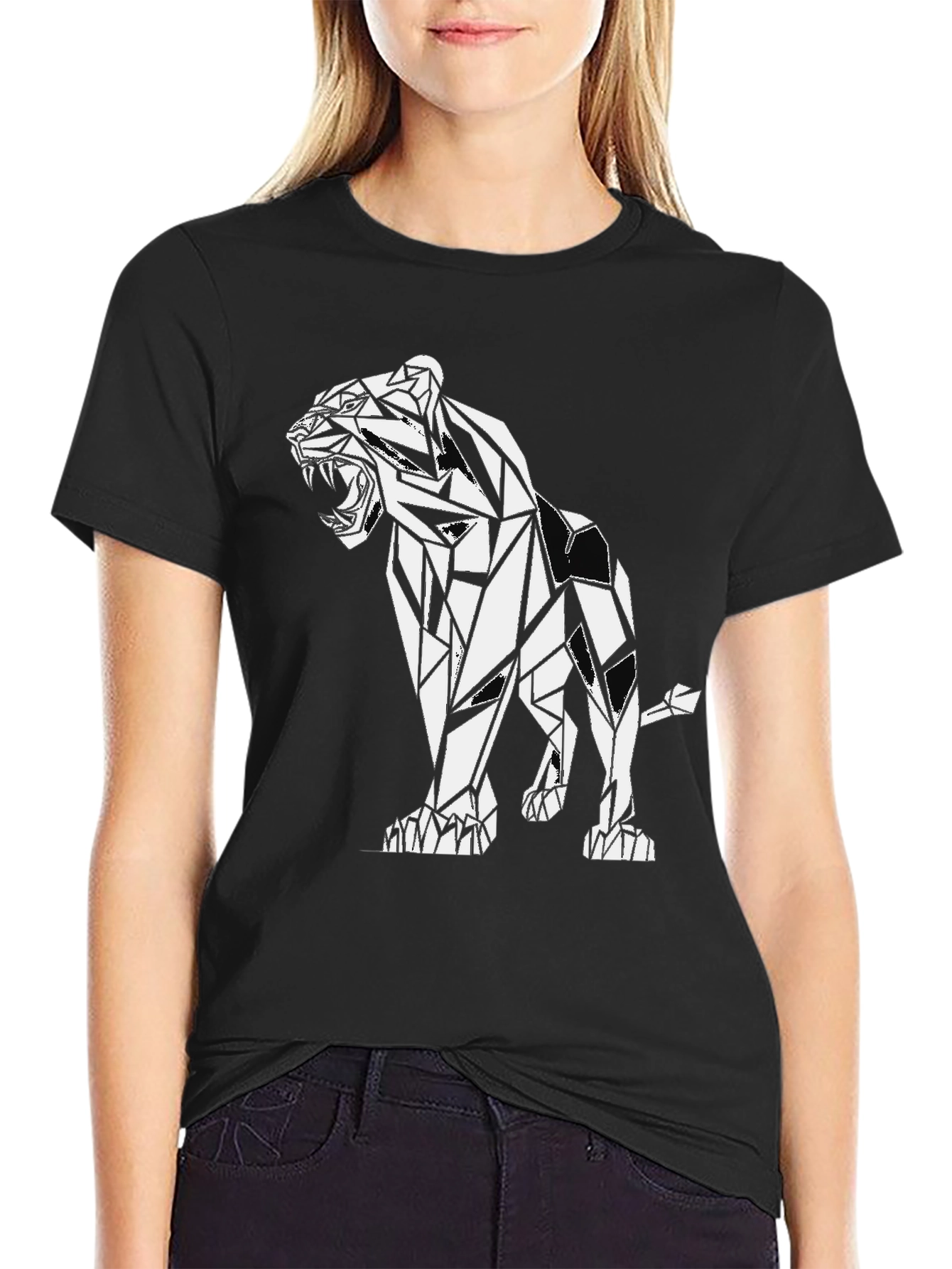 Geometric Lion Graphic Black T-Shirt
