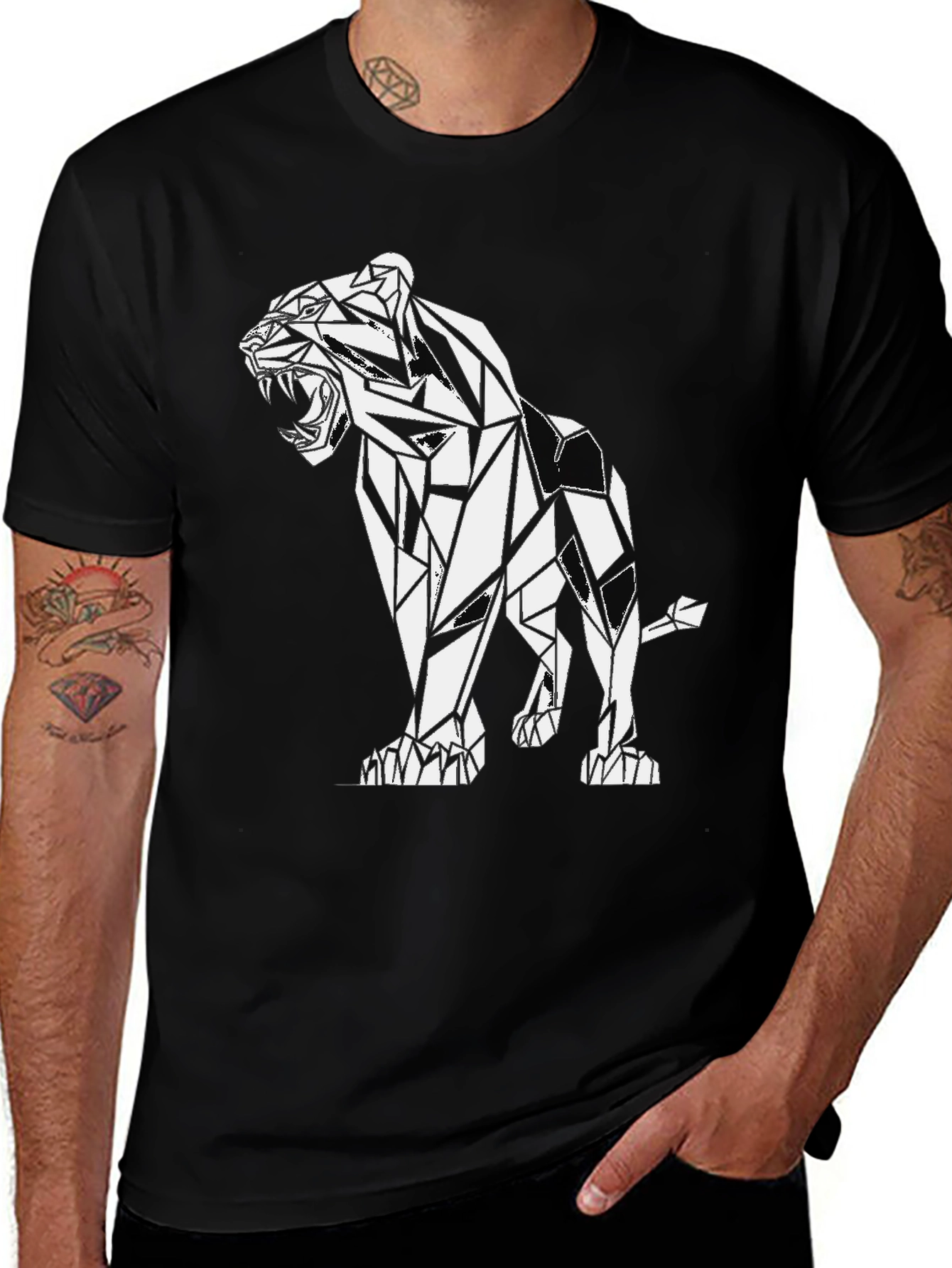 Geometric Lion Graphic Black T-Shirt
