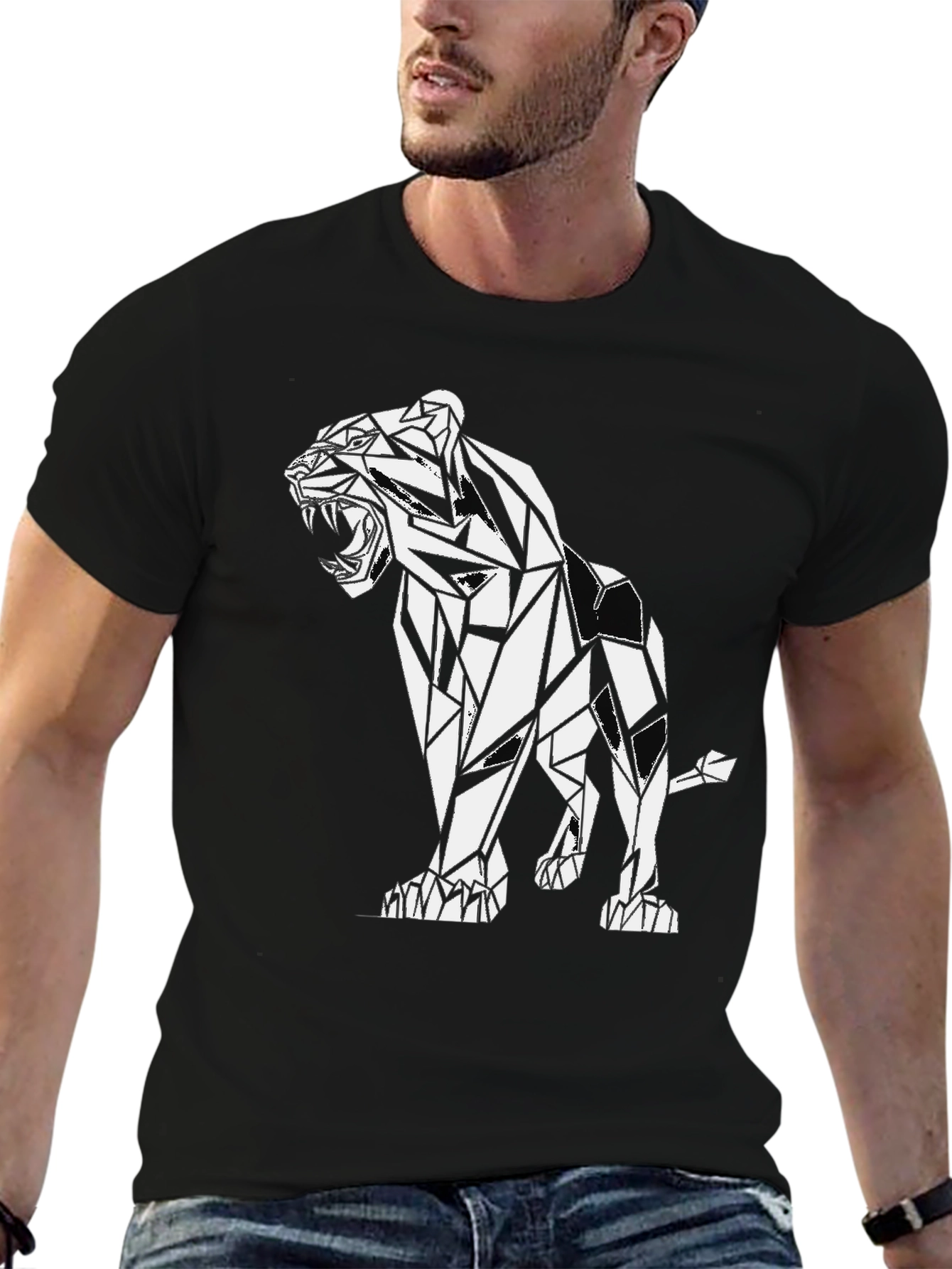 Geometric Lion Graphic Black T-Shirt