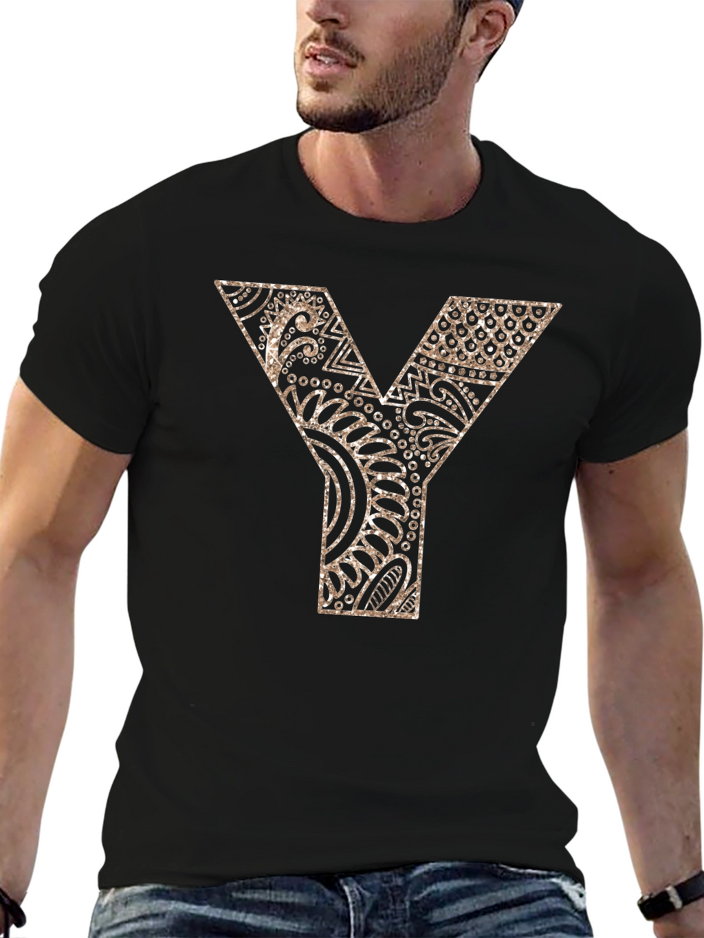 Y Letter Patterned Graphic Tee - Black