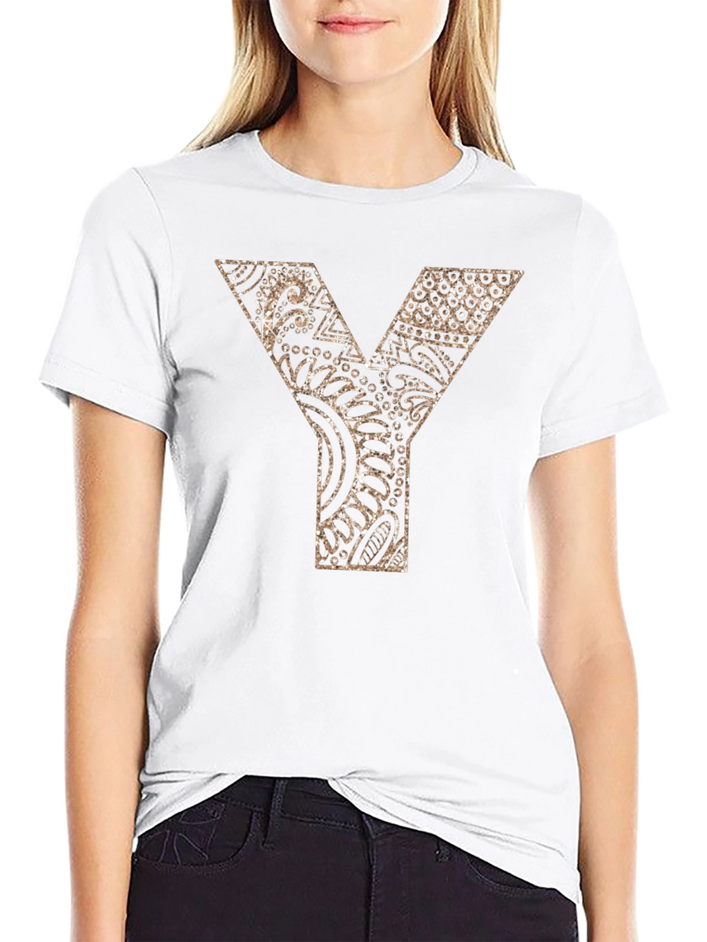 Y Letter Patterned Graphic Tee - Black