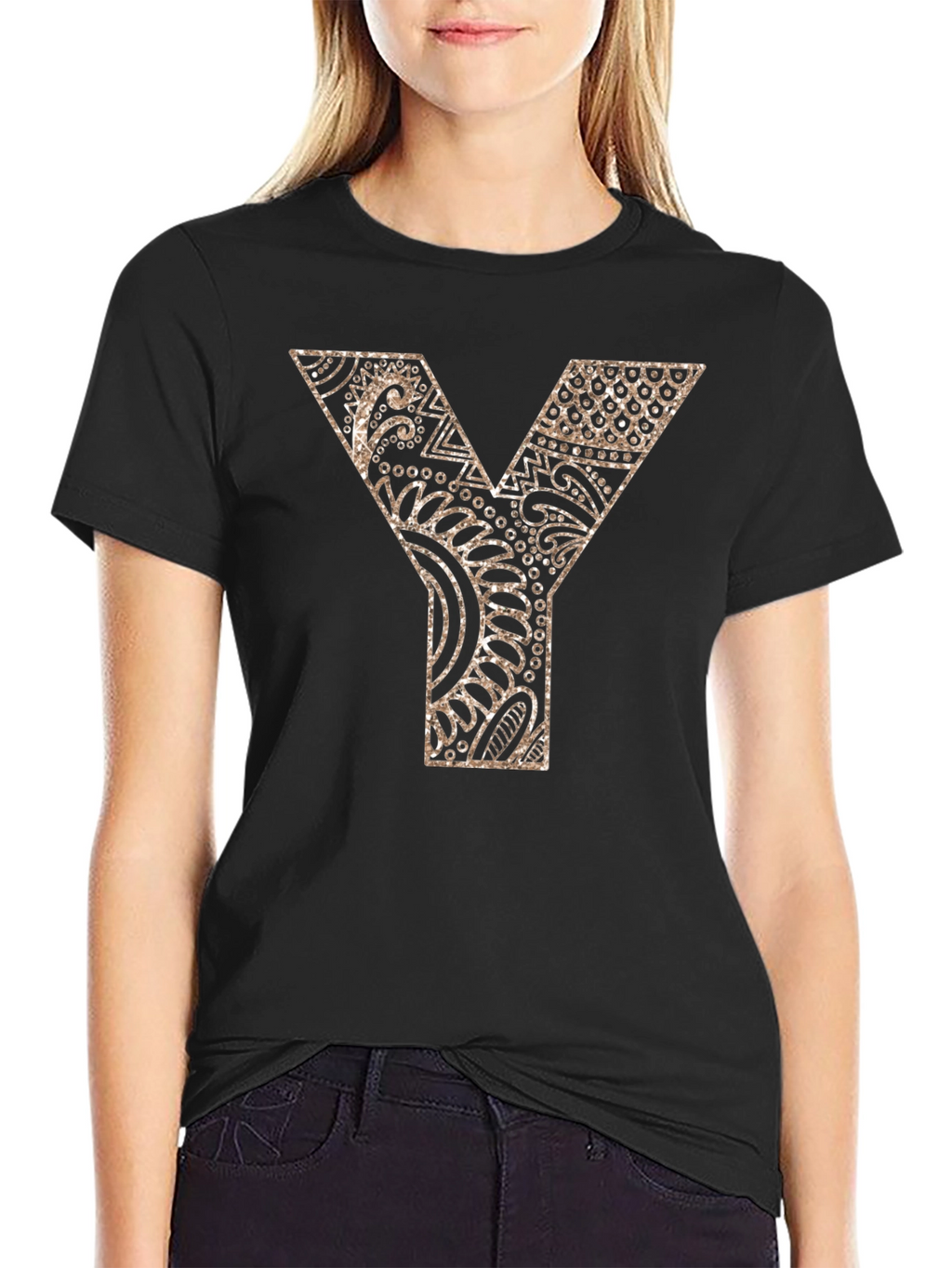 Y Letter Patterned Graphic Tee - Black