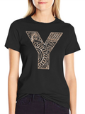 Y Letter Patterned Graphic Tee - Black