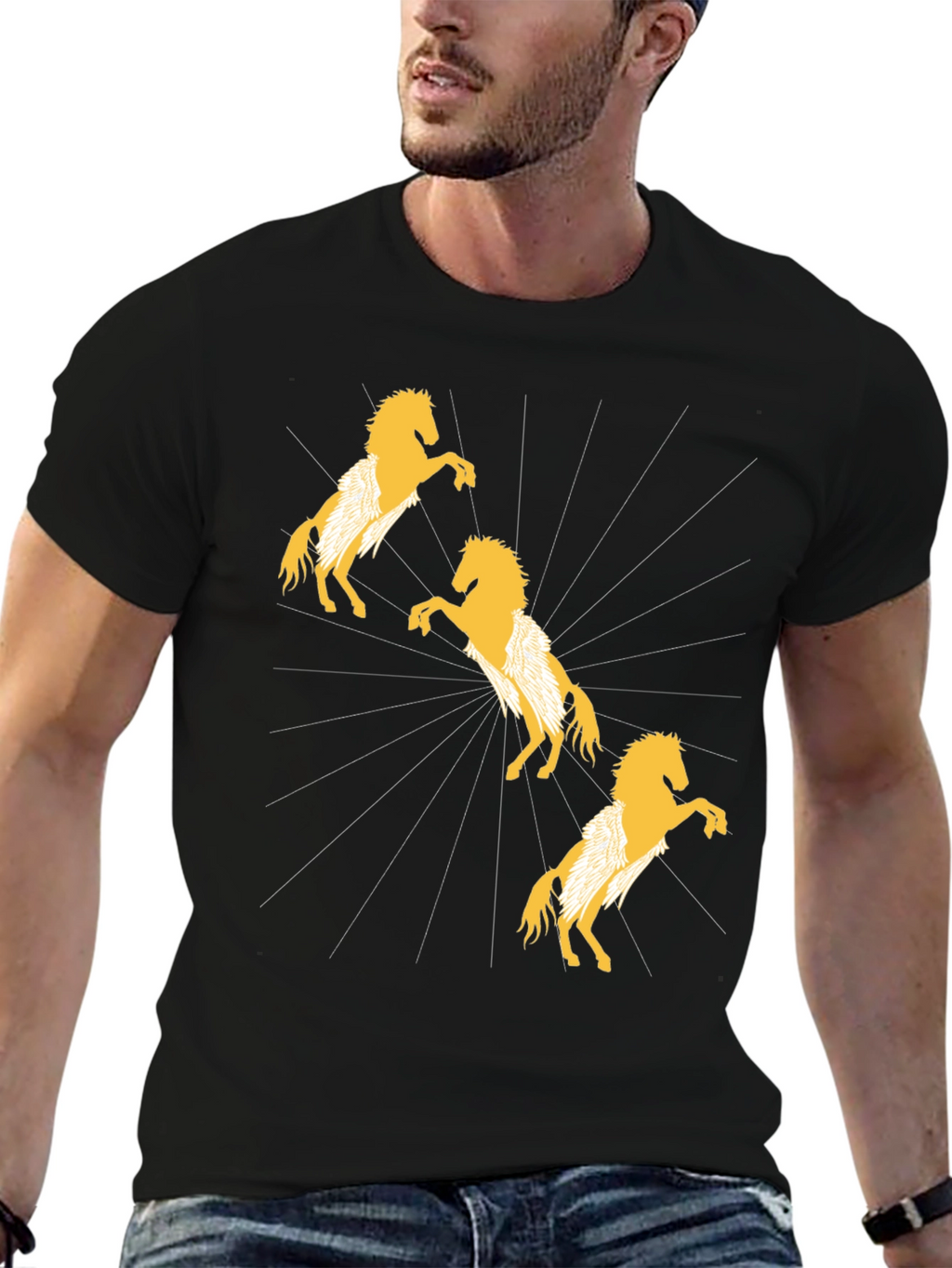 Stylish Black T-Shirt with Golden Horse Design
