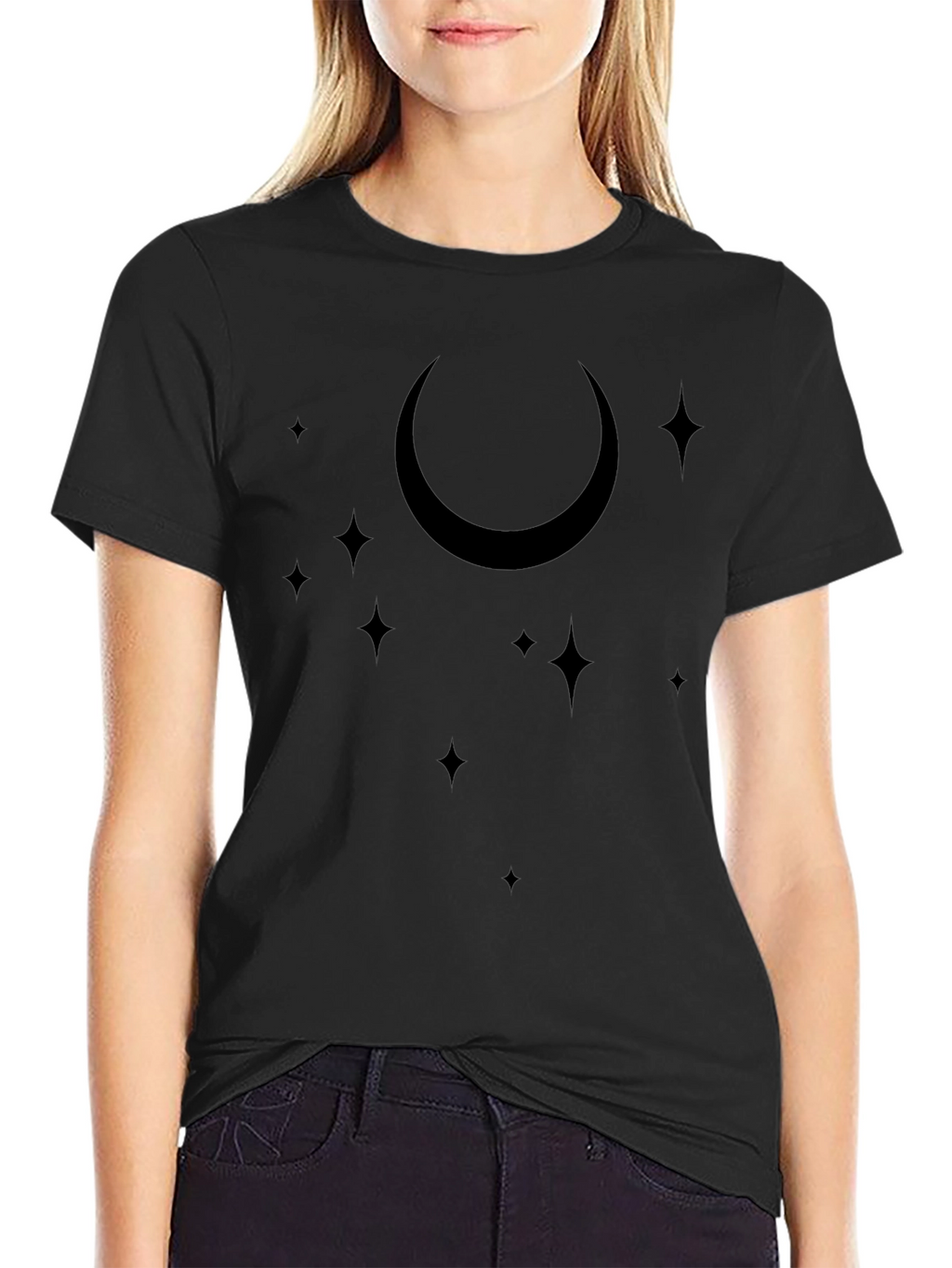 Celestial Crescent Moon & Stars Black T-Shirt