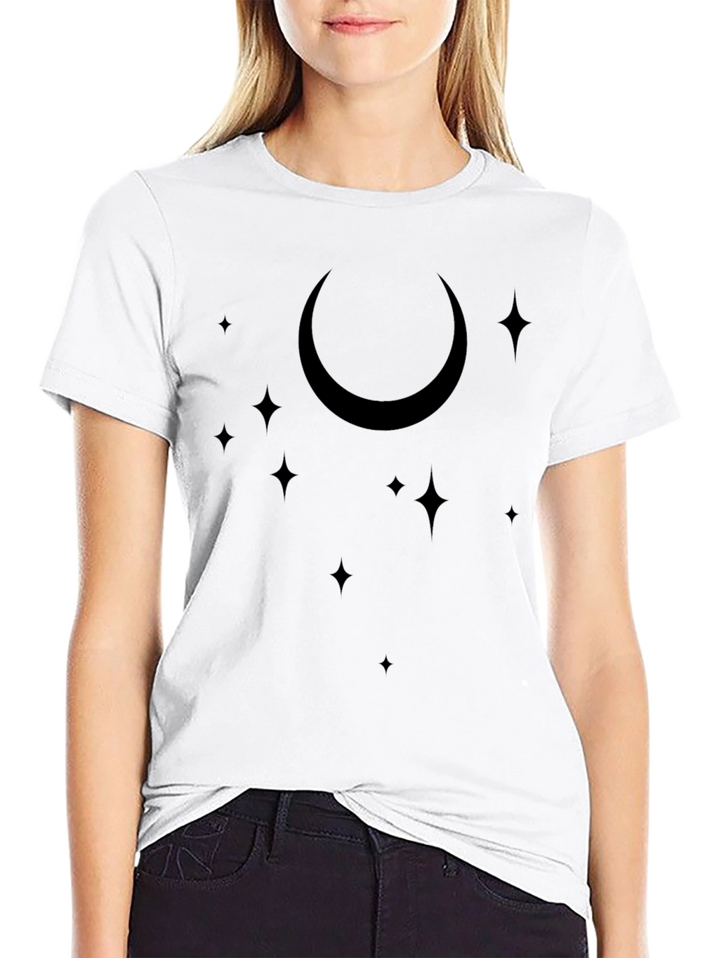 Celestial Crescent Moon & Stars Black T-Shirt