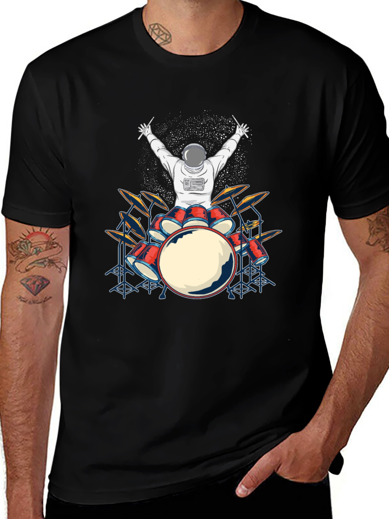 Astronaut Drummer Graphic T-Shirt - Black