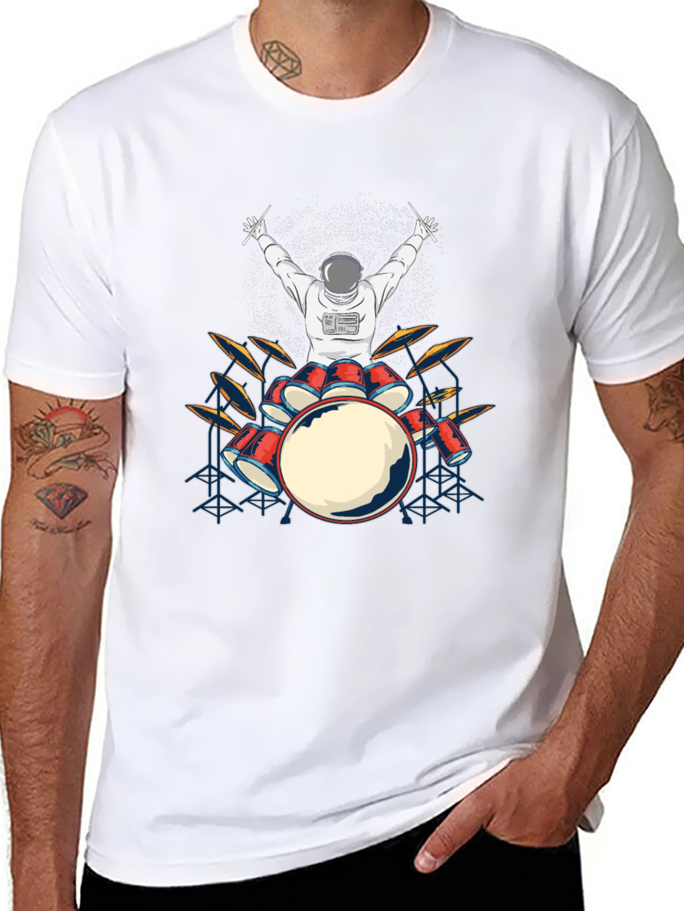 Astronaut Drummer Graphic T-Shirt - Black