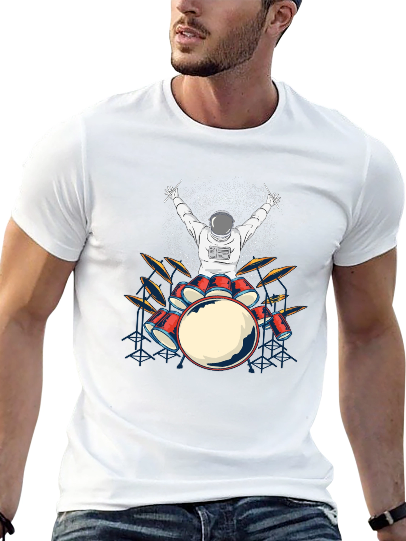 Astronaut Drummer Graphic T-Shirt - Black
