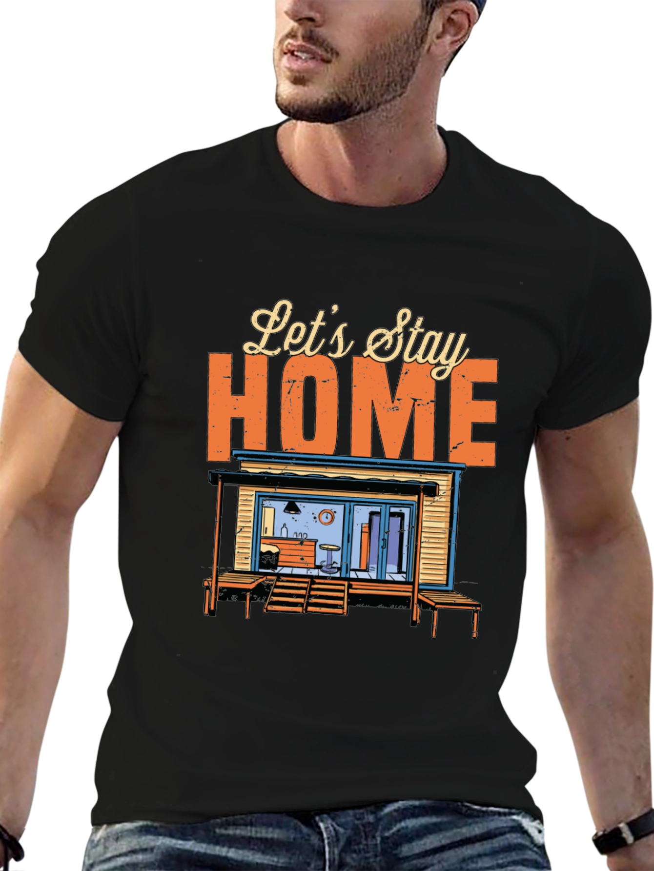 Lets Stay Home Graphic Tee - Black Cotton T-Shirt