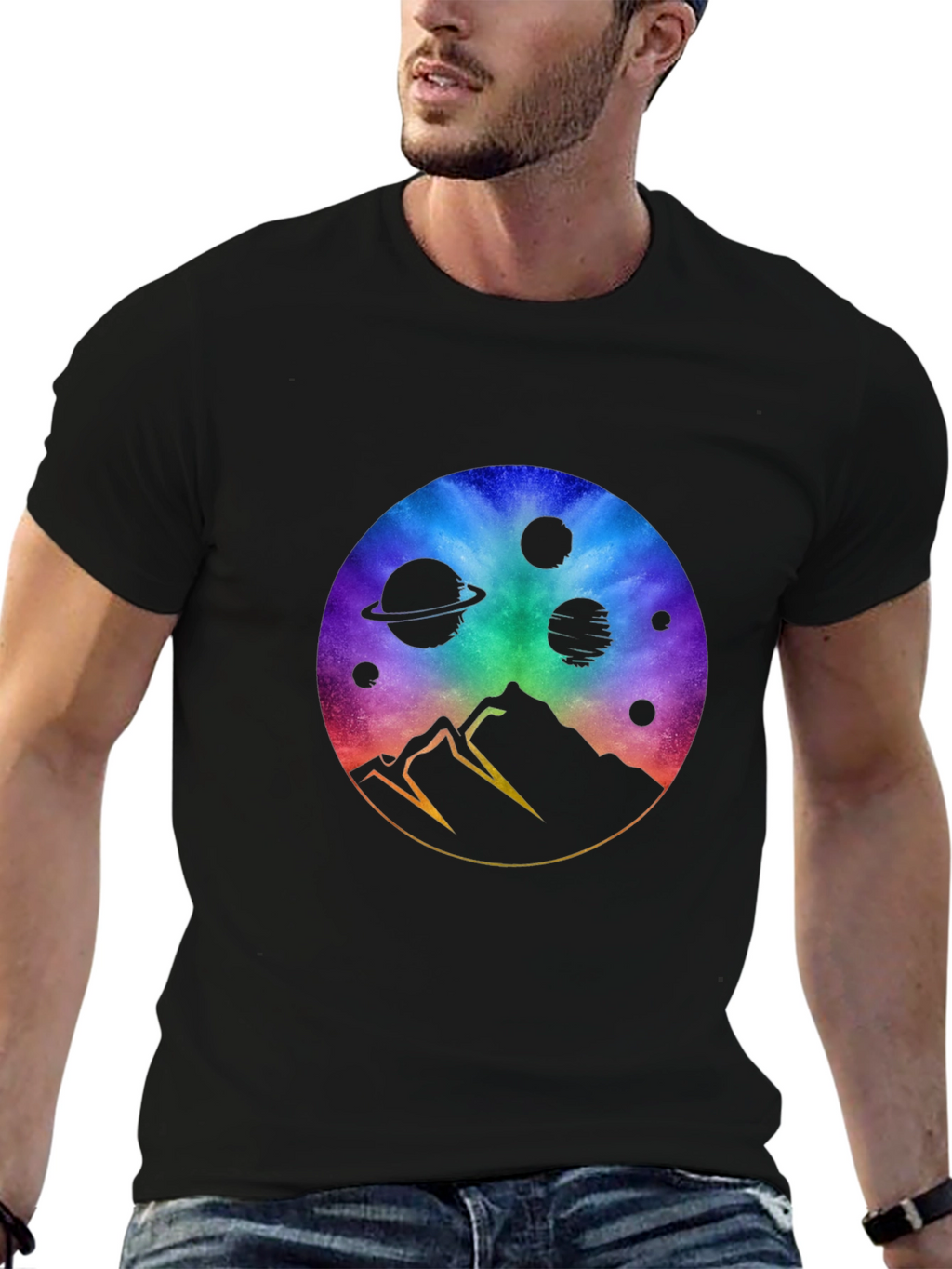 Cosmic Mountain Black T-Shirt - Galaxy Design