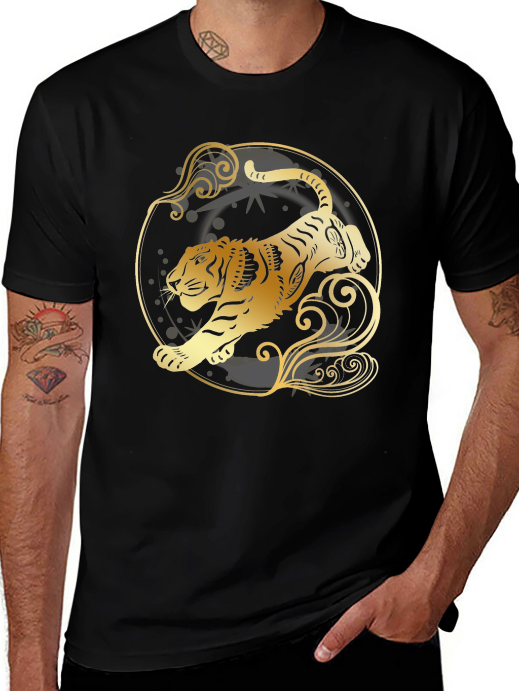 Golden Tiger Graphic Tee - Stylish Black T-Shirt
