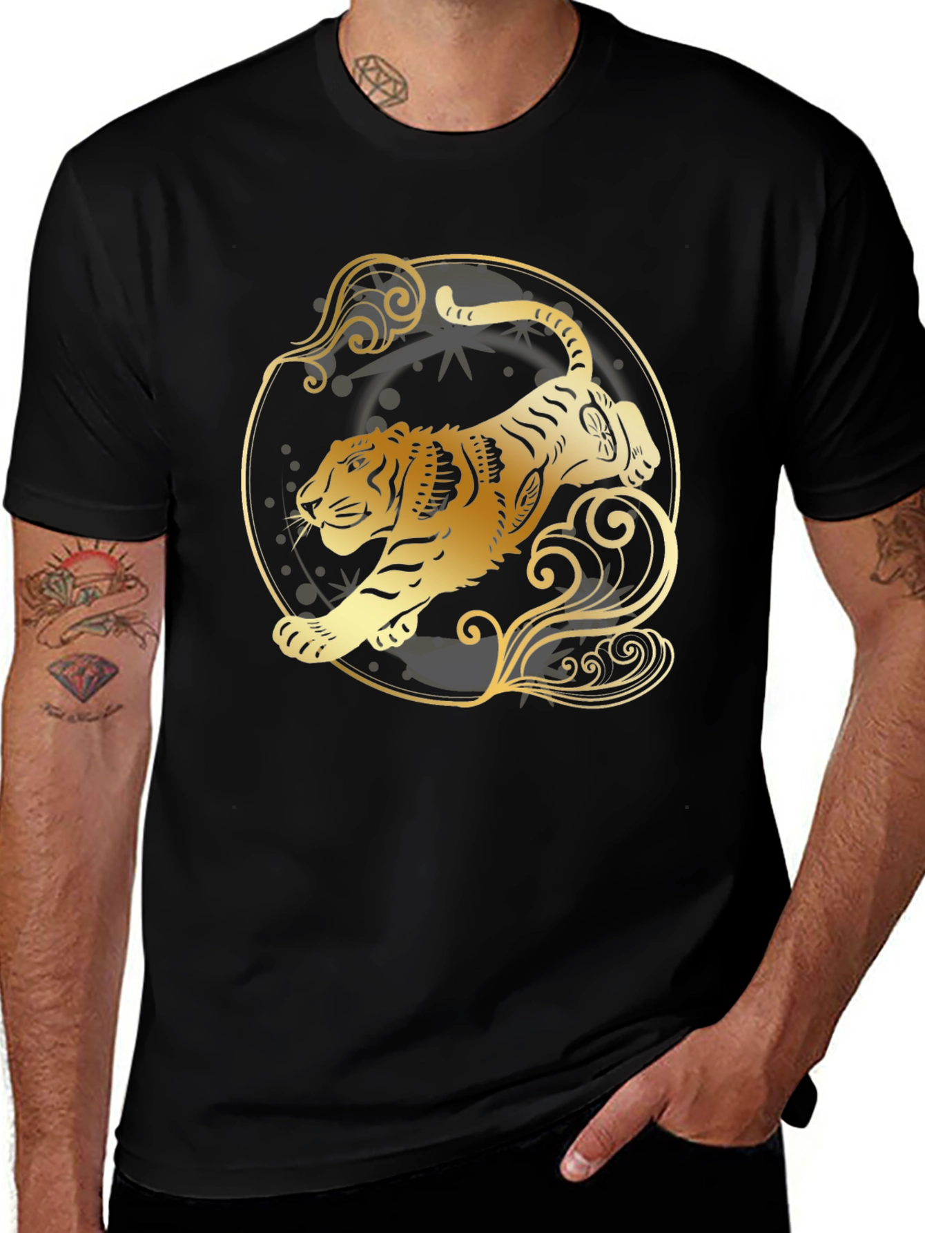 Golden Tiger Graphic Tee - Stylish Black T-Shirt