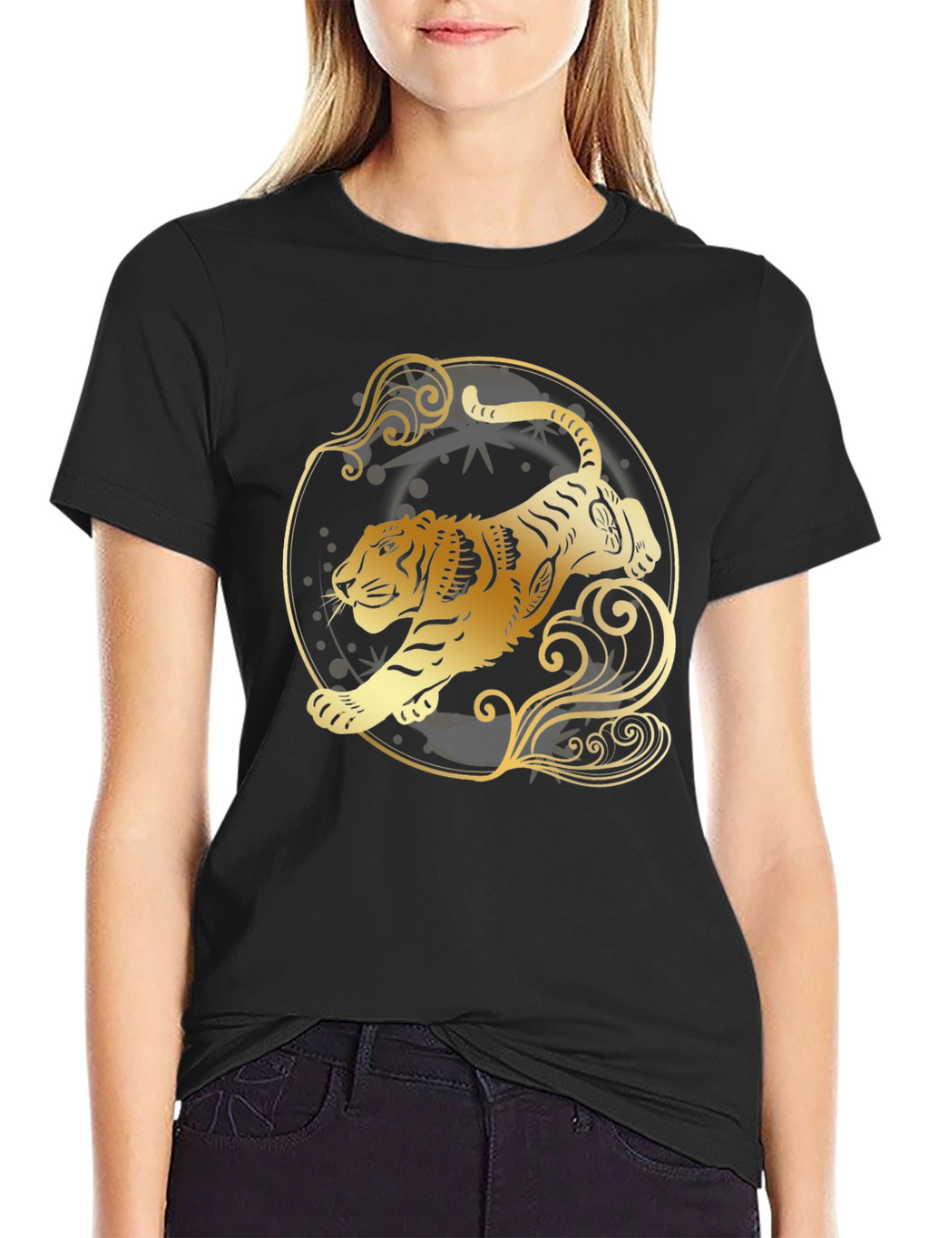 Golden Tiger Graphic Tee - Stylish Black T-Shirt