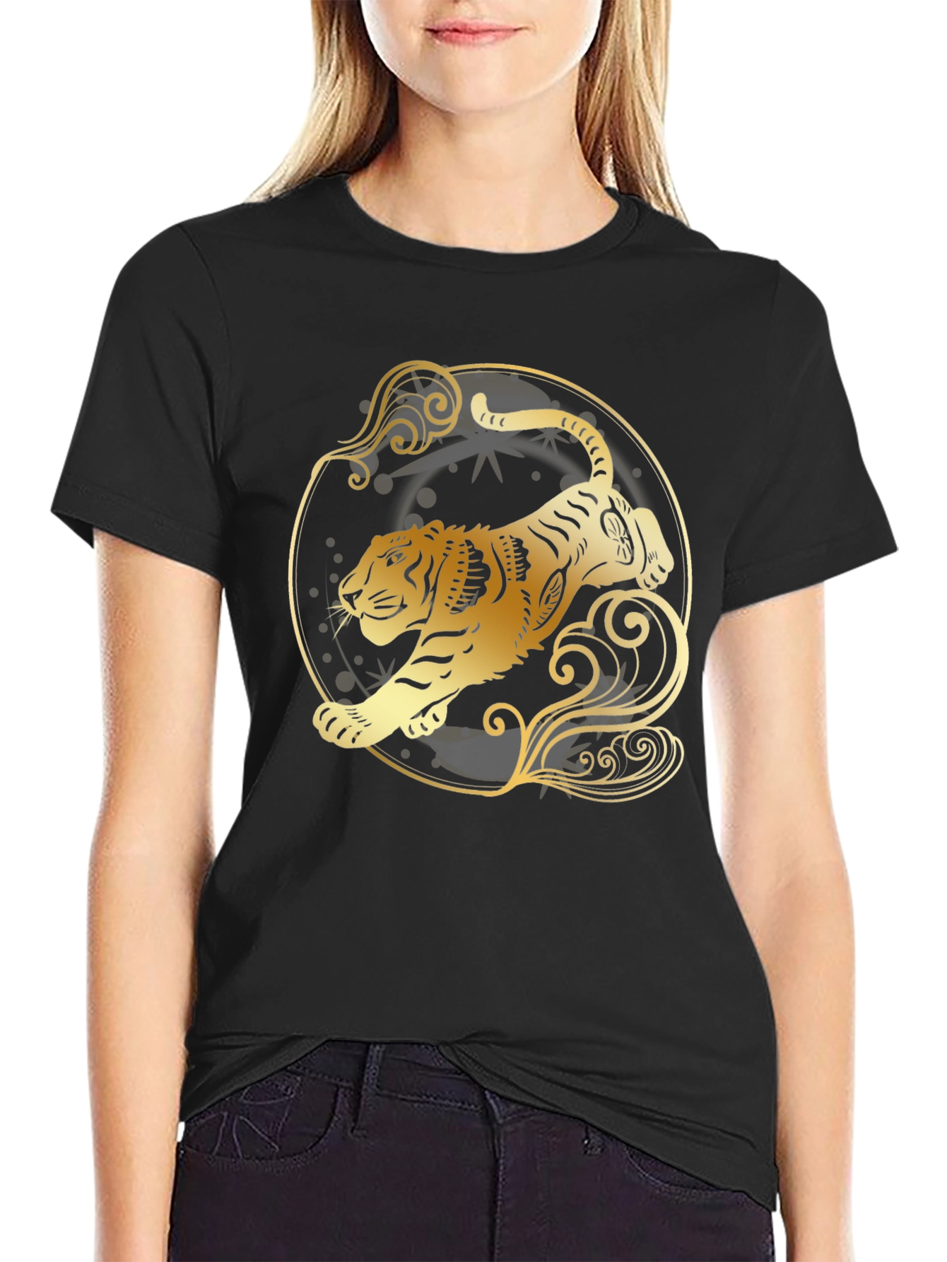 Golden Tiger Graphic Tee - Stylish Black T-Shirt