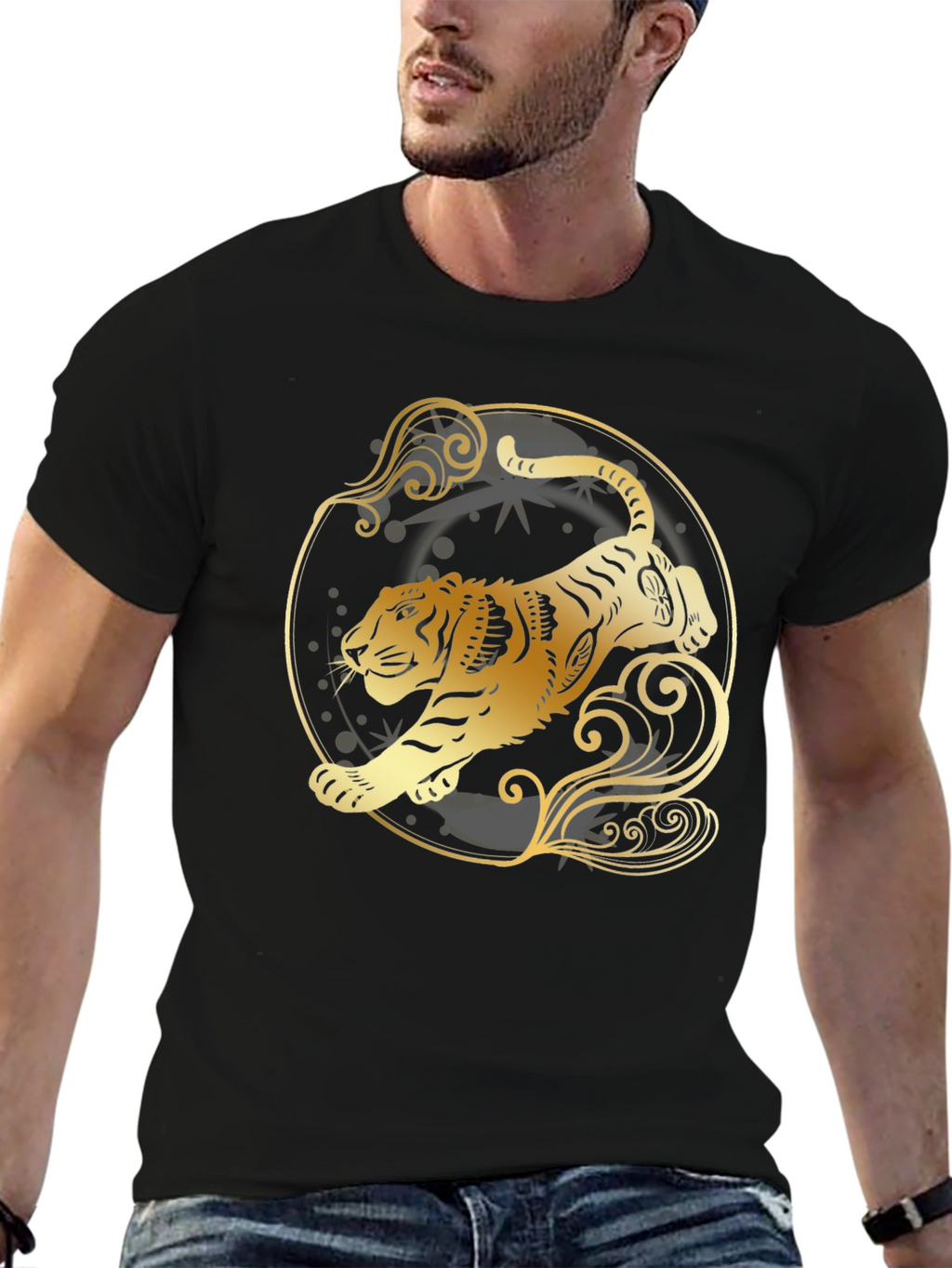Golden Tiger Graphic Tee - Stylish Black T-Shirt