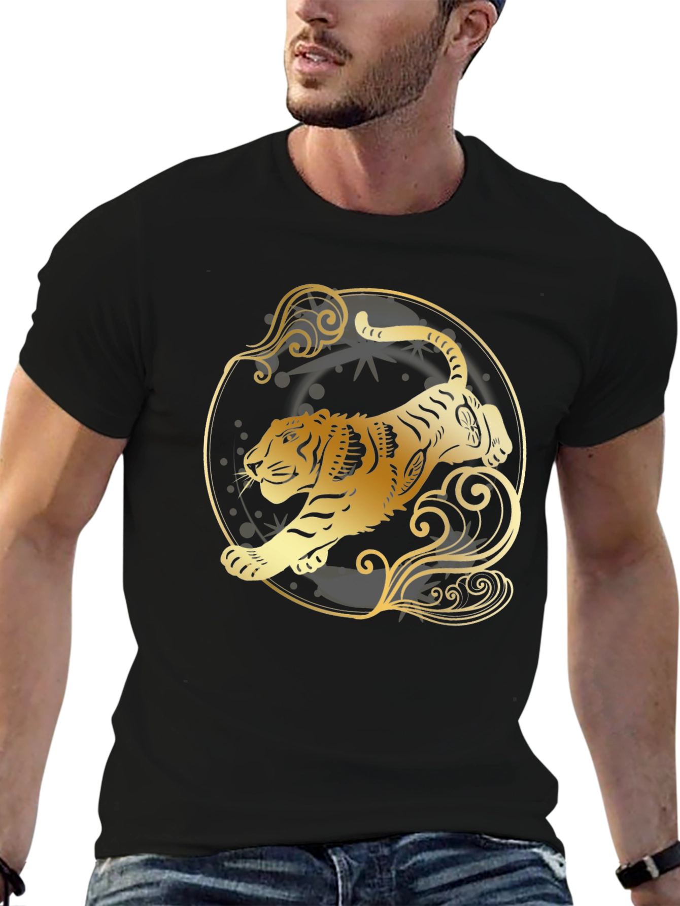 Golden Tiger Graphic Tee - Stylish Black T-Shirt