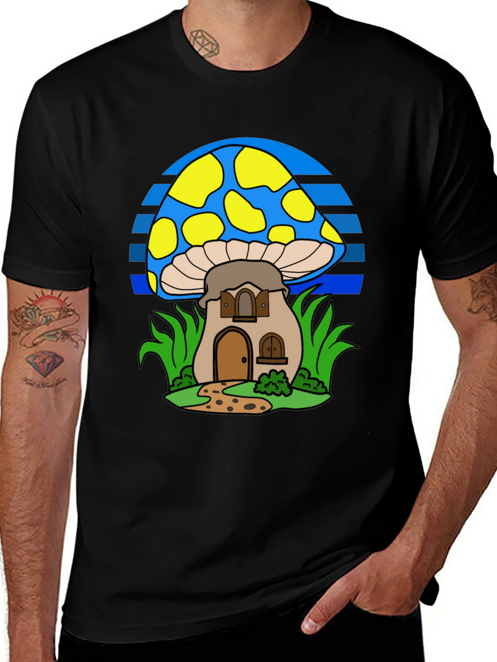 Whimsical Mushroom House T-Shirt - Black
