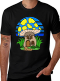 Whimsical Mushroom House T-Shirt - Black