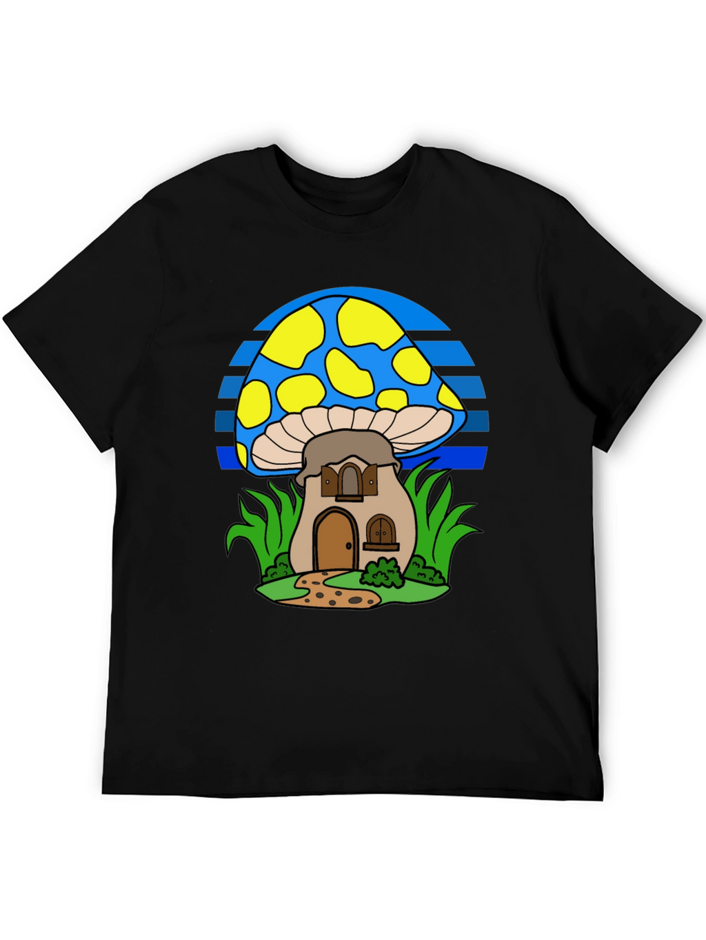 Whimsical Mushroom House T-Shirt - Black