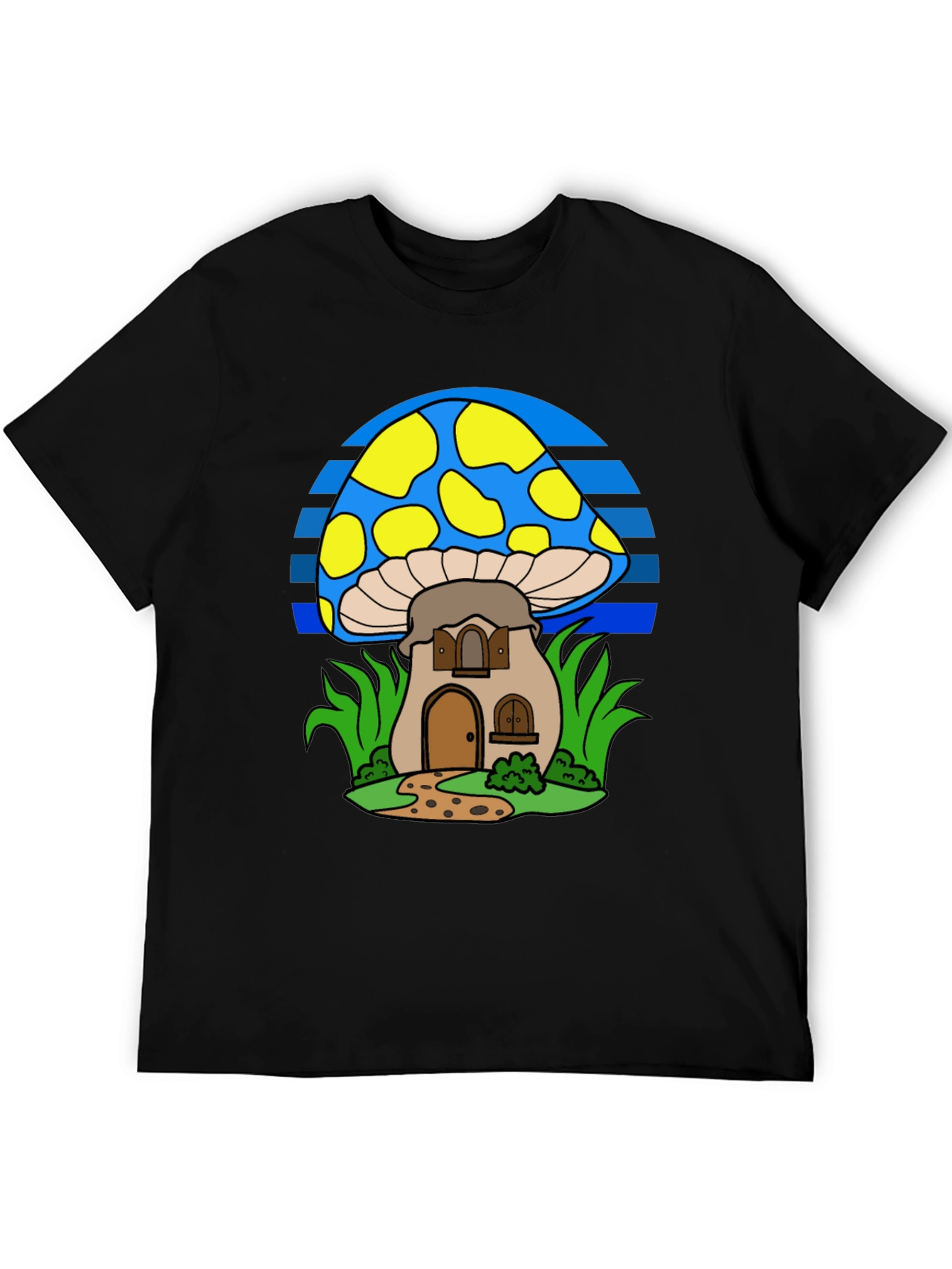 Whimsical Mushroom House T-Shirt - Black